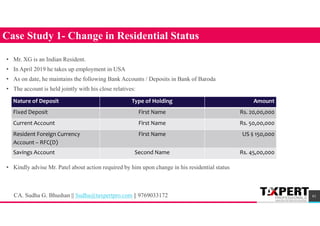 61
Case Study 1- Change in Residential Status
• Mr. XG is an Indian Resident.
• In April 2019 he takes up employment in USA
• As on date, he maintains the following Bank Accounts / Deposits in Bank of Baroda
• The account is held jointly with his close relatives:
• Kindly advise Mr. Patel about action required by him upon change in his residential status
Amount
Type of Holding
Nature of Deposit
Rs. 20,00,000
First Name
Fixed Deposit
Rs. 50,00,000
First Name
Current Account
US $ 150,000
First Name
Resident Foreign Currency
Account – RFC(D)
Rs. 45,00,000
Second Name
Savings Account
CA. Sudha G. Bhushan || Sudha@taxpertpro.com || 9769033172
 
