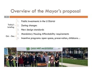 2
Overview of the Mayor’s proposal
1. Public investments in the U District
2. Zoning changes
3. New design standards
4. Mandatory Housing Affordability requirements
5. Incentive programs: open space, preservation, childcare…
Today’s
briefing
Oct. - Dec.
 