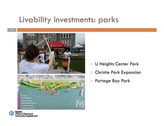 6
Livability investments: parks
 U Heights Center Park
 Christie Park Expansion
 Portage Bay Park
 