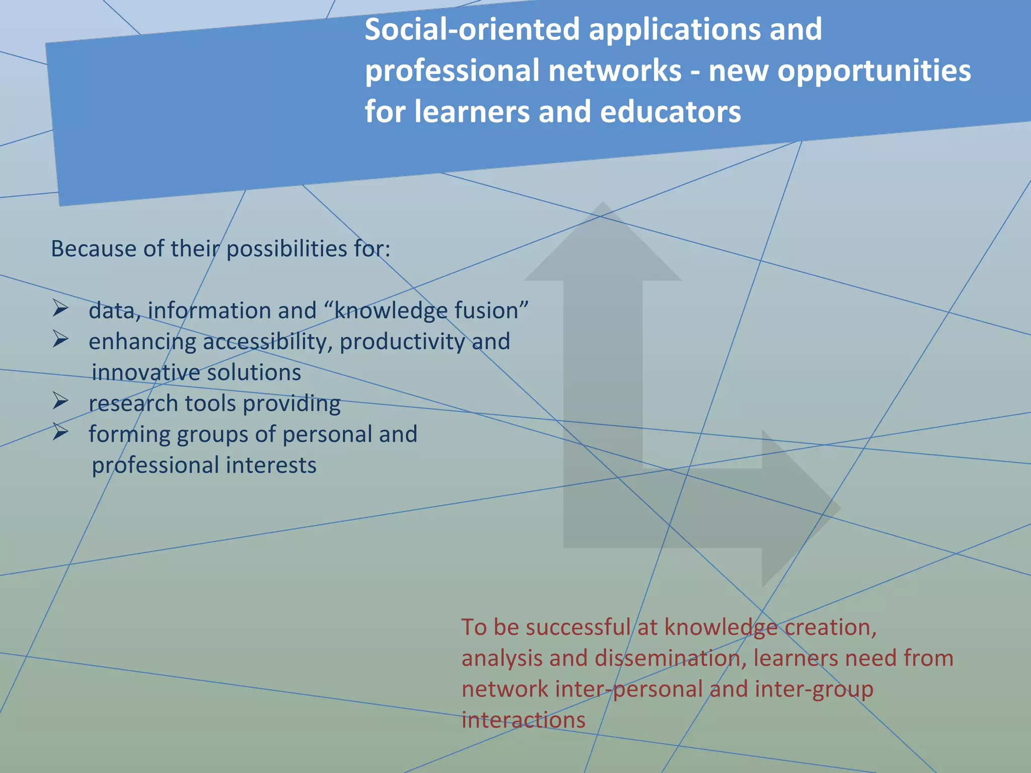 Because of their possibilities for: data, information and “knowledge fusion” enhancing accessibility, productivity and innovative solutions research tools providing forming groups of personal and  professional interests Social-oriented applications and professional networks - new opportunities for learners and educators  To be successful at knowledge creation, analysis and dissemination, learners need from network inter-personal and inter-group interactions 