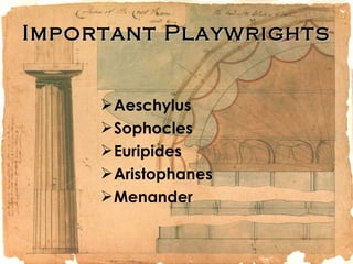Important Playwrights Aeschylus Sophocles Euripides Aristophanes Menander 
