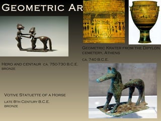 Geometric Art Geometric Krater from the Dipylon cemetery, Athens ca. 740 B.C.E. Hero and centaur  ca. 750-730 B.C.E. bronze Votive Statuette of a Horse  late 8th Century B.C.E. bronze 