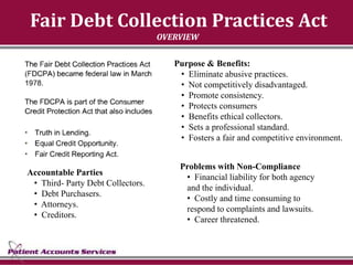 Fair Debt Collection Practices Act
                                   OVERVIEW

                                      Purpose & Benefits:
                                       • Eliminate abusive practices.
                                       • Not competitively disadvantaged.
                                       • Promote consistency.
                                       • Protects consumers
                                       • Benefits ethical collectors.
                                       • Sets a professional standard.
                                       • Fosters a fair and competitive environment.


                                       Problems with Non-Compliance
Accountable Parties
                                        • Financial liability for both agency
 • Third- Party Debt Collectors.
                                        and the individual.
 • Debt Purchasers.
                                        • Costly and time consuming to
 • Attorneys.
                                        respond to complaints and lawsuits.
 • Creditors.
                                        • Career threatened.
 