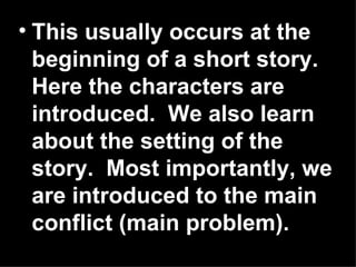 • This usually occurs at the
  beginning of a short story.
  Here the characters are
  introduced. We also learn
  about the setting of the
  story. Most importantly, we
  are introduced to the main
  conflict (main problem).
 