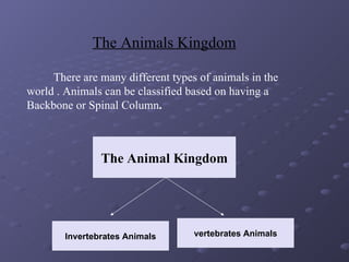 The Animals Kingdom

     There are many different types of animals in the
world . Animals can be classified based on having a
Backbone or Spinal Column.



                The Animal Kingdom




        Invertebrates Animals      vertebrates Animals
 
