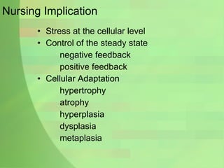 Nursing Implication Stress at the cellular level Control of the steady state negative feedback positive feedback Cellular Adaptation hypertrophy atrophy hyperplasia dysplasia metaplasia 