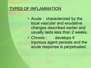 TYPES OF INFLAMMATION Acute : characterized by the local vascular and exudative changes described earlier and usually lasts less than 2 weeks. Chronic : develops if injurious agent persists and the acute response is perpetuated.  