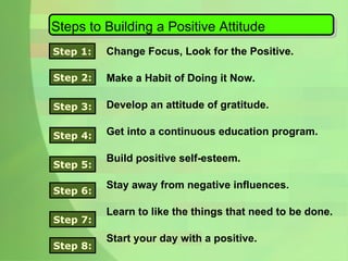 Steps to Building a Positive Attitude Change Focus, Look for the Positive. Make a Habit of Doing it Now. Develop an attitude of gratitude. Get into a continuous education program. Build positive self-esteem. Stay away from negative influences. Learn to like the things that need to be done. Start your day with a positive. Step 1: Step 2: Step 3: Step 4: Step 5: Step 6: Step 7: Step 8: 