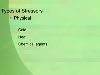 Types of Stressors Physical Cold  Heat Chemical agents 