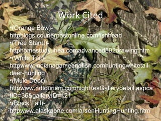 Work Cited (Orange Bow)- httpblogs.courierpostonline.comfishhead (Tree Stand)- httphomestudy.ihea.comadvanced802drawing.htm (White Tail)- httpwww.indianagameandfish.comhuntingwhitetail-deer-hunting (Mule Deer)- httpwww.ndtourism.comhighResGallerydetail.aspcatID=36&galleryID=121 (Black Tail)- httpwww.alaskaone.comlarsenHuntingHunting.htm 