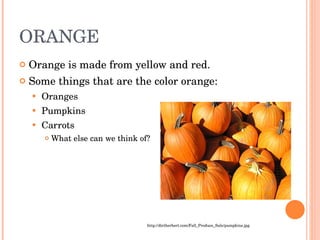 ORANGE Orange is made from yellow and red. Some things that are the color orange: Oranges Pumpkins Carrots What else can we think of? http://dirtherbert.com/Fall_Produce_Sale/pumpkins.jpg 