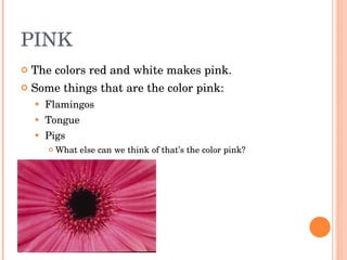 PINK  The colors red and white makes pink. Some things that are the color pink: Flamingos Tongue  Pigs What else can we think of that’s the color pink? 
