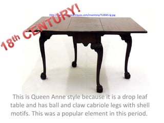 This is Queen Anne style because it is a drop leaf table and has ball and claw cabriole legs with shell motifs. This was a popular element in this period.  http://www.equinoxantiques.com/inventory/TL0045-lg.jpg   