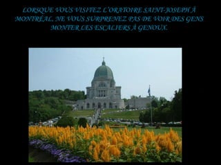 LORSQUE VOUS VISITEZ L’ORATOIRE SAINT-JOSEPH À
MONTRÉAL, NE VOUS SURPRENEZ PAS DE VOIR DES GENS
        MONTER LES ESCALIERS À GENOUX.
 