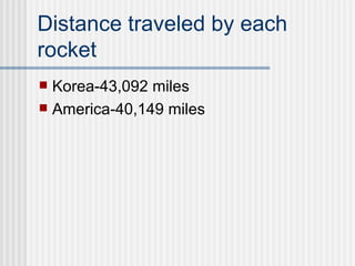 Distance traveled by each rocket  Korea-43,092 miles America-40,149 miles 