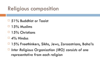 Religious composition 51% Buddhist or Taoist 15% Muslims 15% Christians 4% Hindus 15% Freethinkers, Sikhs, Jews, Zoroastrians, Baha’is Inter Religious Organisation (IRO) consists of one representative from each religion 