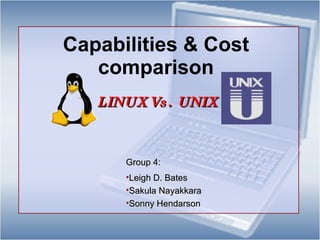 Capabilities & Cost comparison LINUX Vs. UNIX ,[object Object],[object Object],[object Object],[object Object]
