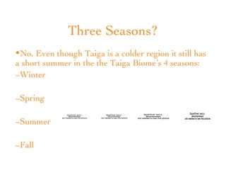 Three Seasons? No, Even though Taiga is a colder region it still has a short summer in the the Taiga Biome’s 4 seasons: ~Winter ~Spring ~Summer ~Fall 