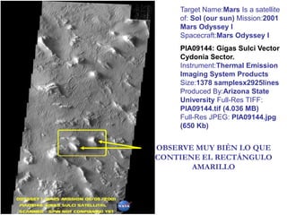 Target Name:Mars Is a satellite of: Sol (our sun) Mission:2001 Mars Odyssey I Spacecraft:Mars Odyssey IPIA09144: Gigas Sulci Vector Cydonia Sector.Instrument:Thermal Emission Imaging System Products Size:1378 samplesx2925lines Produced By:Arizona State University Full-Res TIFF: PIA09144.tif (4.036 MB)     Full-Res JPEG: PIA09144.jpg (650 Kb)OBSERVE MUY BIÉN LO QUE CONTIENE EL RECTÁNGULO AMARILLO