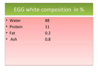 EGG white composition  in % Water 88 Protein 11 Fat  0.2 Ash 0.8 