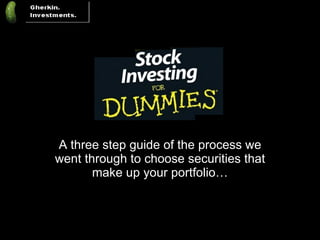 A three step guide of the process we went through to choose securities that make up your portfolio… 