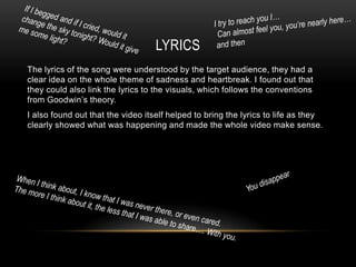 LYRICS
The lyrics of the song were understood by the target audience, they had a
clear idea on the whole theme of sadness and heartbreak. I found out that
they could also link the lyrics to the visuals, which follows the conventions
from Goodwin’s theory.
I also found out that the video itself helped to bring the lyrics to life as they
clearly showed what was happening and made the whole video make sense.
 