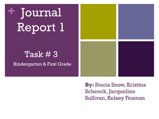 By:  Stacia Snow, Kristina Schenck, Jacqueline Sullivan, Kelsey Feaman Kindergarten & First Grade Journal Report 1 Task # 3 