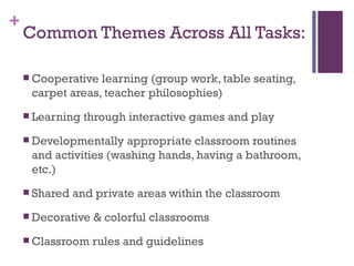 Common Themes Across All Tasks: Cooperative learning (group work, table seating, carpet areas, teacher philosophies) Learning through interactive games and play Developmentally appropriate classroom routines and activities (washing hands, having a bathroom, etc.) Shared and private areas within the classroom Decorative & colorful classrooms  Classroom rules and guidelines 