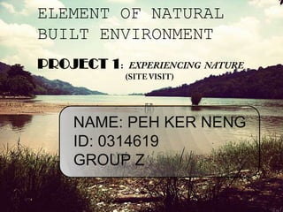 ELEMENT OF NATURAL
BUILT ENVIRONMENT
PROJECT 1
NAME: PEH KER NENG
ID: 0314619
GROUP Z
 