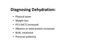 Diagnosing Dehydration:
• Physical exam
• Weight loss
• PCV (HCT) increased
• Albumin or total protein increased
• BUN, creatinine
• Prerenal azotemia
 