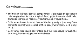 Continue............
• The fluid in the trans cellular compartment is produced by specialized
cells responsible for cerebrospinal fluid, gastrointestinal fluid, bile,
glandular secretions, respiratory sections, and synovial fluids.
• Daily water intake is about 10% of the body weight (can vary from
animal to animal with respect of their age, environment, feed intake
etc. ).
• Daily water loss equals daily intake and this loss occurs through the
skin, lung, kidney and gastrointestinal tract.
 