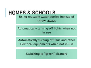 HOMES & SCHOOLS
Using reusable water bottles instead of
throw-aways
Automatically turning off lights when not
in use
Automatically turning off fans and other
electrical equipments when not in use
Switching to "green" cleaners
 