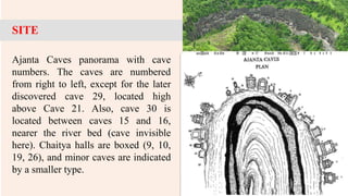 Ajanta Caves panorama with cave
numbers. The caves are numbered
from right to left, except for the later
discovered cave 29, located high
above Cave 21. Also, cave 30 is
located between caves 15 and 16,
nearer the river bed (cave invisible
here). Chaitya halls are boxed (9, 10,
19, 26), and minor caves are indicated
by a smaller type.
SITE
 