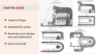 CHAITYA CAVES
 House of Stupa
 dedicated for prayer
 Penetrate much deeper
into rock (30mx14m)
 Cave 9,10,19,26
 