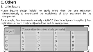 C. Others
1. Latin Square
• Latin Square design helpful to study more than the one treatment
simultaneously to understand the usefulness of each treatment by the
comparison.
For example, four treatments namely – A,B,C,D then latin Square is applied ( four
replications of each treatment) as follows and do comparison.
 