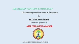 SUB : HUMAN ANATOMY & PHYSIOLOGY
For the degree of Bachelor In Pharmacy
By
Mr . Pratik Kailas Sagade
Under the guidance of
ASST. PROF. JYOTI R. ALAPURE
AES COLLEGE OF PHARMACY , NARHE
 