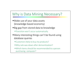 Why is Data Mining Necessary?
Make use of your data assets
(knowledge‐based economy)
Big gap from stored data to knowledge
Transition won’t occur automatically.
Many interesting things can’t be found using
database queries
Customers likely to buy my products?
Why sale was down after demonitization?
Which items should be recommended to a person
purchasing computer?
 