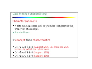 Data Mining Functionalities:
Characterization (1)
 A data mining process aims to find rules that describe the
properties of a concept.
 Standard form:
If concept then characteristics
 C=1  A=1 & B=3 (Support: 25%, i.e., there are 25%
records for which the rule is true)
 C=1  A=1 & B=4 (Support: 17%)
 C=1  A=0 & B=2 (Support: 16%)
 