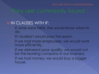 They are commonlyfound :IN CLAUSES WITH IF:If Jane were here, she would know what to do.If I studied I would pass the exam.If we had more employees, we would work more efficiently.If we delivered poor quality, we would not be the leading company in our business. If we had money, we would buy a bigger house.Past verb forms in unreal situations.