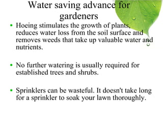 Water saving advance for gardeners Hoeing stimulates the growth of plants, reduces water loss from the soil surface and removes weeds that take up valuable water and nutrients. No further watering is usually required for established trees and shrubs.  Sprinklers can be wasteful. It doesn't take long for a sprinkler to soak your lawn thoroughly. 