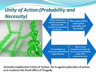 Unity of Action:(Probability and Necessity)Aristotle emphasizes Unity of Action ; he is against plurality of action as it weakens the final effect of Tragedy.