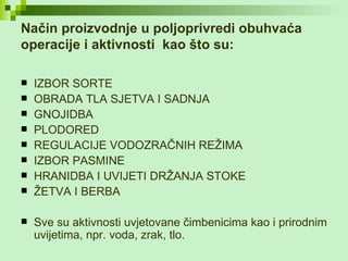 Način proizvodnje u poljoprivredi obuhvaća operacije i aktivnosti  kao što su: IZBOR SORTE OBRADA TLA SJETVA I SADNJA GNOJIDBA PLODORED REGULACIJE VODOZRAČNIH REŽIMA IZBOR PASMINE HRANIDBA I UVIJETI DRŽANJA STOKE ŽETVA I BERBA Sve su aktivnosti uvjetovane čimbenicima kao i prirodnim uvijetima, npr. voda, zrak, tlo. 