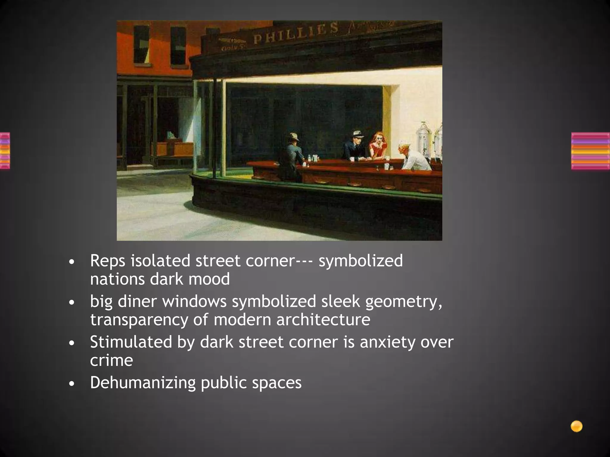 Reps isolated street corner--- symbolized nations dark moodbig diner windows symbolized sleek geometry, transparency of modern architectureStimulated by dark street corner is anxiety over crimeDehumanizing public spaces