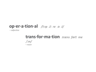 op⋅er⋅a⋅tion⋅al     /ˌɒp  əˈreɪ  ʃə  nl/  – adjective  trans⋅for⋅ma⋅tion   ˌtræns  fərˈmeɪ  ʃən/ – noun  