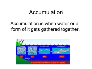 Accumulation Accumulation is when water or a form of it gets gathered together.  