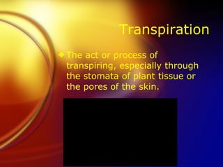 Transpiration The act or process of transpiring, especially through the stomata of plant tissue or the pores of the skin. 