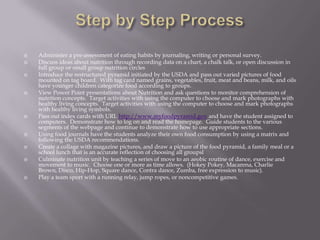 Step by Step ProcessAdminister a pre-assessment of eating habits by journaling, writing or personal survey.Discuss ideas about nutrition through recording data on a chart, a chalk talk, or open discussion in full group or small group nutrition circlesIntroduce the restructured pyramid initiated by the USDA and pass out varied pictures of food mounted on tag board.  With tag card named grains, vegetables, fruit, meat and beans, milk, and oils have younger children categorize food according to groups.View Power Point presentations about Nutrition and ask questions to monitor comprehension of nutrition concepts.  Target activities with using the computer to choose and mark photographs with healthy living concepts.  Target activities with using the computer to choose and mark photographs with healthy living symbols.Pass out index cards with URL http://www.myfoodpyramid.gov and have the student assigned to computers.  Demonstrate how to log on and read the homepage.  Guide students to the various segments of the webpage and continue to demonstrate how to use appropriate sections.Using food journals have the students analyze their own food consumption by using a matrix and following the USDA recommendations.Create a collage with magazine pictures, and draw a picture of the food pyramid, a family meal or a school lunch that is an accurate reflection of choosing all groupslCulminate nutrition unit by teaching a series of move to an aeobic routine of dance, exercise and movement to music.  Choose one or more as time allows.  (Hokey Pokey, Macarena, Charlie Brown, Disco, Hip-Hop, Square dance, Contra dance, Zumba, free expression to music).Play a team sport with a running relay, jump ropes, or noncompetitive games.