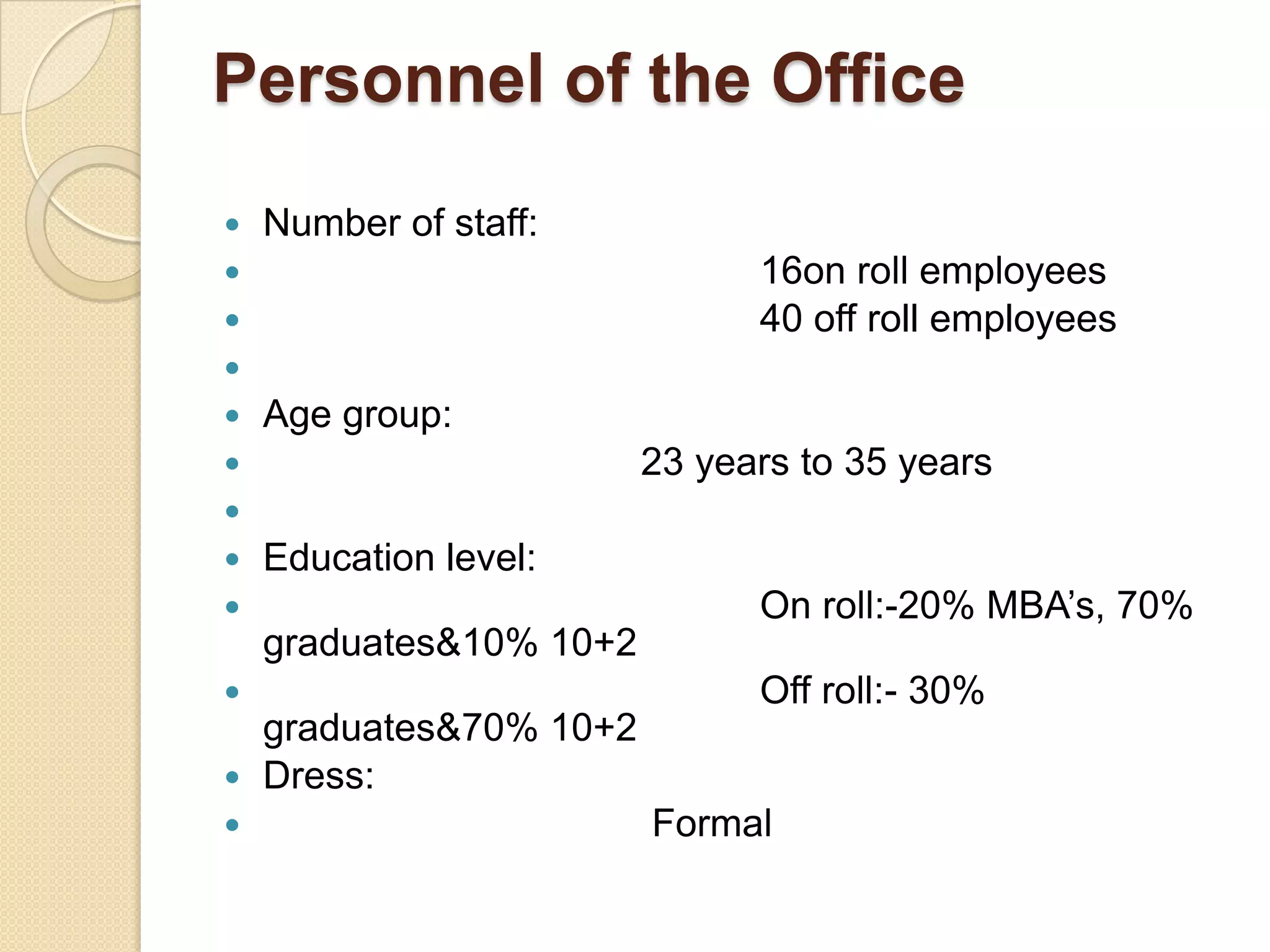 Personnel of the OfficeNumber of staff:                                              16on roll employees                                              40 off roll employeesAge group:                                   23 years to 35 years Education level:                                              On roll:-20% MBA’s, 70% graduates&10% 10+2                                              Off roll:- 30% graduates&70% 10+2Dress:                                         Formal