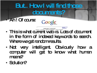 But.. How I will find those documents? Ah ! Of course  This is what current web is. Lots of document in the form of indexed keywords to search. Where we get random results. Not very intelligent. Obviously how a computer will get to know what human means? Solution? 