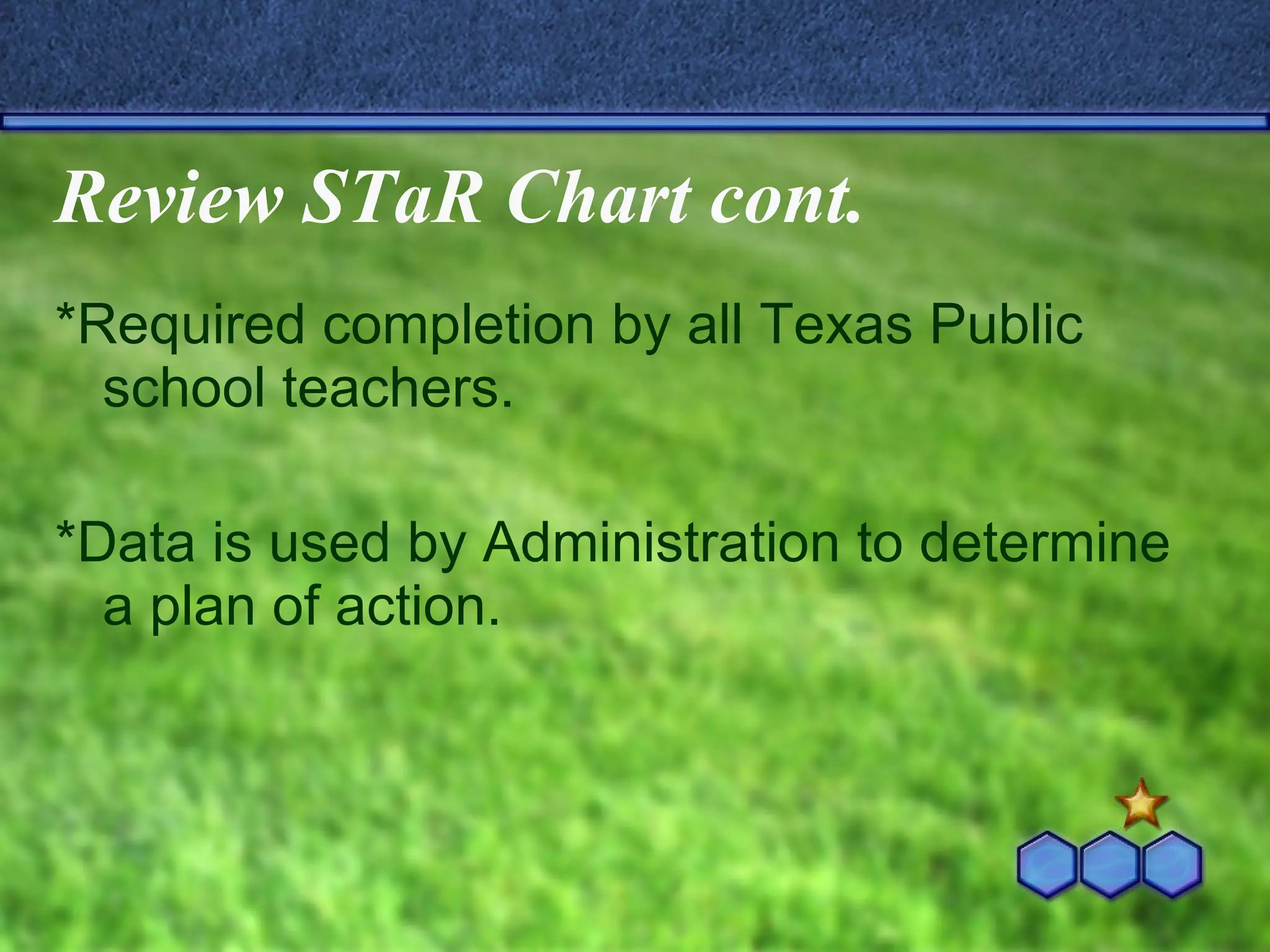Review STaR Chart cont. *Required completion by all Texas Public school teachers. *Data is used by Administration to determine a plan of action. 